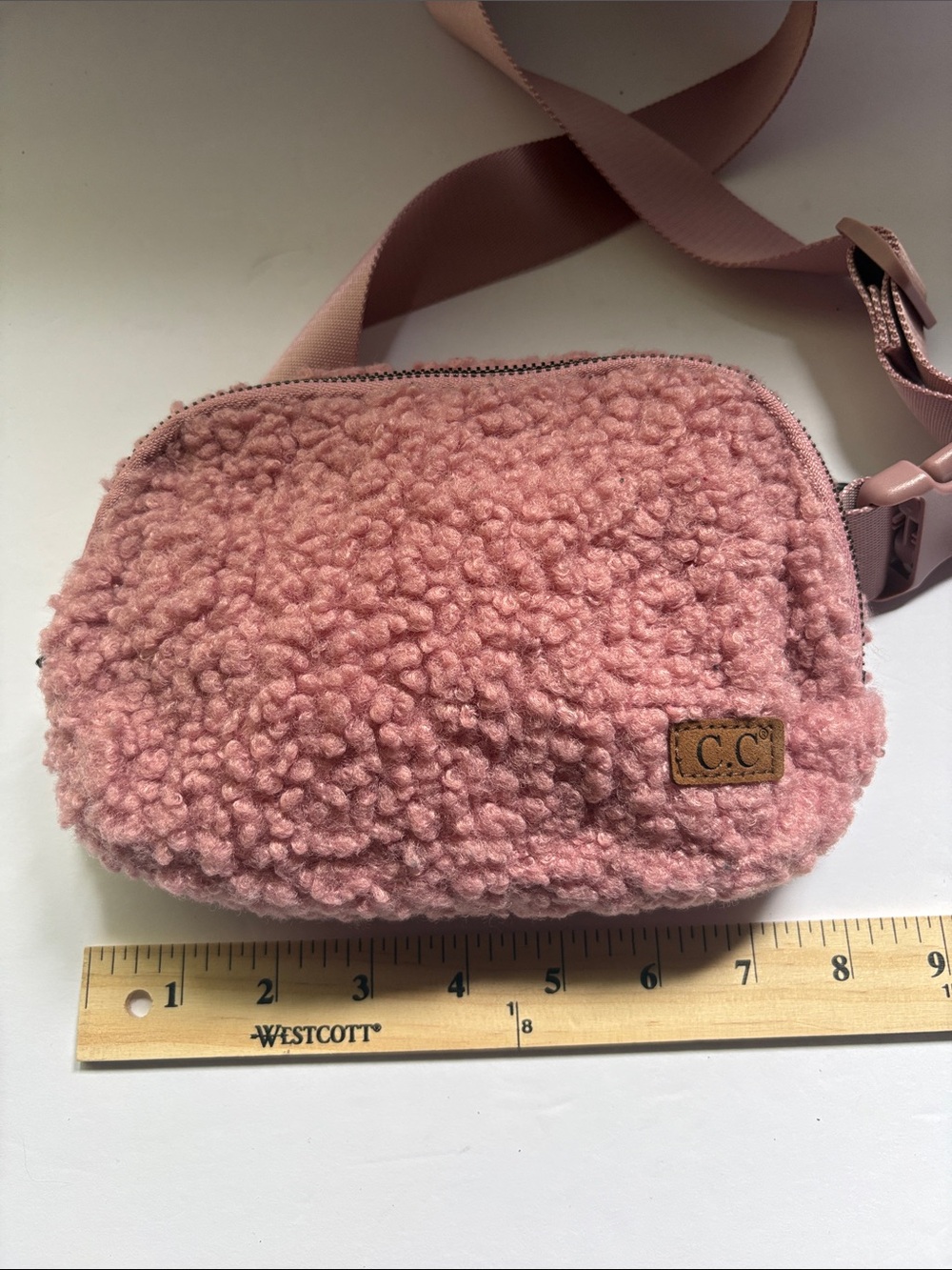 C.C Pink Sherpa Belt Bag Fleece Crossbody Waist Pack Cozy Teddy Zip Purse